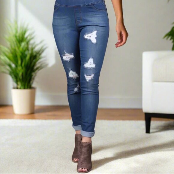 Small NEW Womens JVINI Designer Distressed Ripped Jean Jeggings, Dark Wash - Picture 10 of 11